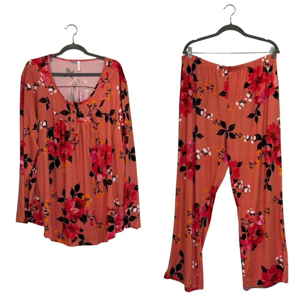 Bestbee Women 3XL Floral Pajama Set Coral Pink Henley Top Wide Leg Pants 2 Piece